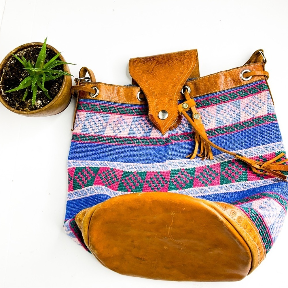 BOHO Vintage Festival Multicolor Patterned Leather Trim Bag
